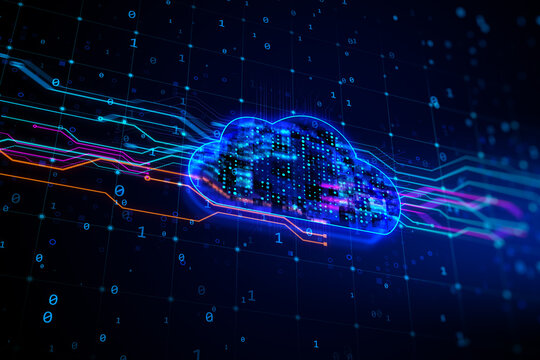 Close up of abstract glowing cloud lines hologram on dark blue background. Cloud computing, database and technology concept. 3D Rendering.