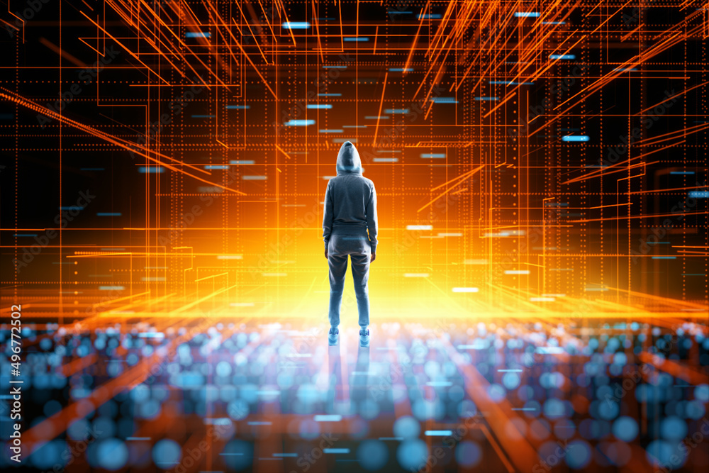 Aufkleber Back view of hacker standing in abstract blurry metaverse. Meta, hacking and cyberspace concept.