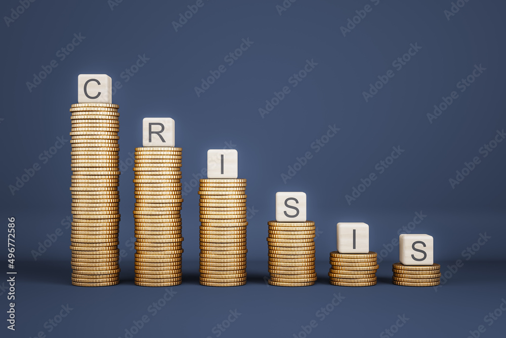 Aufkleber decreasing coin stacks with letter blocks on blue background with mock up place. crisis, finance and