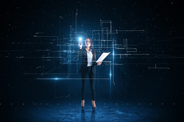 Attractive young european businesswoman using abstract glowing lines interface on dark background....