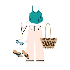 Summer fashion outfit. Casual women clothes set with pants, sunglasses, beach bag, top, necklace and shoes. Modern garments with accessories. Flat vector illustration isolated on white background