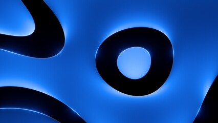 3d render, abstract blue and black background. Minimal wallpaper with wavy lines and curvy shapes