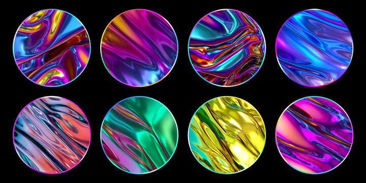 3d render, collection of assorted round stickers with colorful iridescent holographic foil texture. Circles isolated on black background