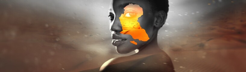 Longing for Africa. an africa symbol image on the beautiful african young woman. Vogue style...