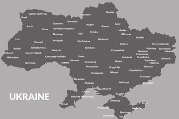 The map of Ukraine in grey color with names of the cities on light grey background.