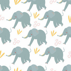 Seamless pattern with cute elephants on a white background. Background for children, print on fabrics, paper.