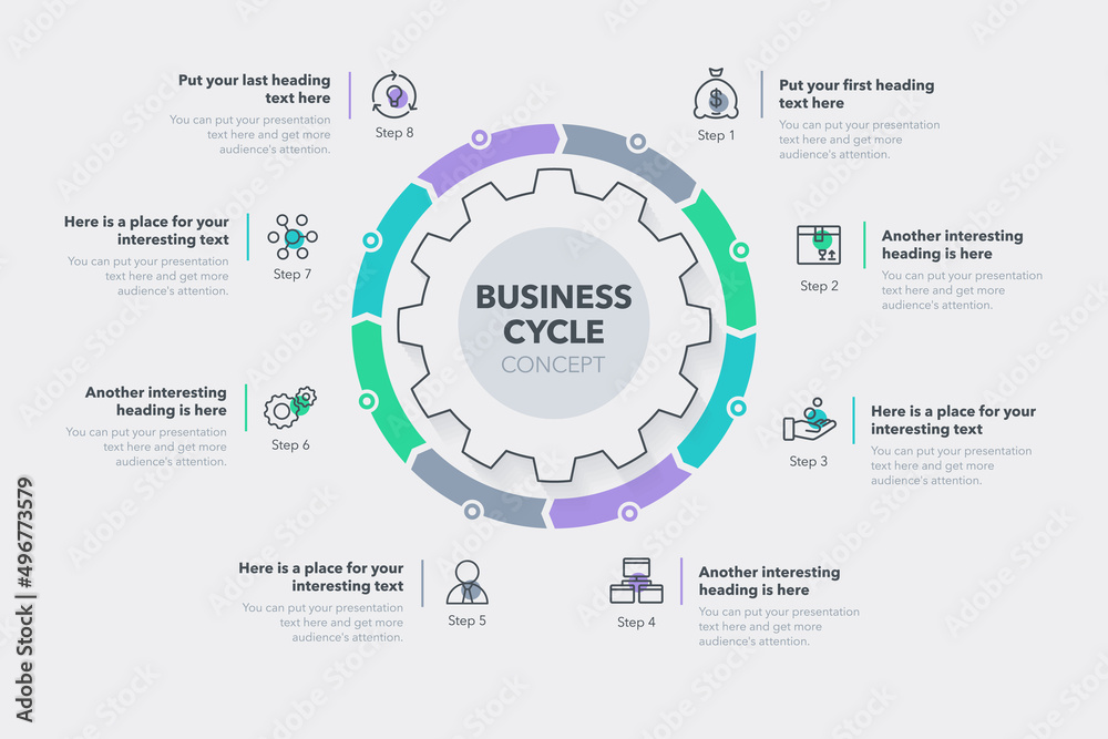 Poster Business cycle template with eight colorful steps. Easy to use for your website or presentation.