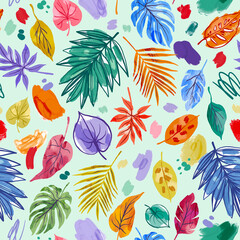 Seamless pattern wiht abstract shapes, figures, watercolor abstract tropical leaves. Doodle hand drawn drawings collection. Abstraction art design for paper, cover, fabric, interior decor