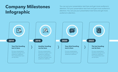 Company milestones template with four steps - blue version. Easy to use for your website or presentation.