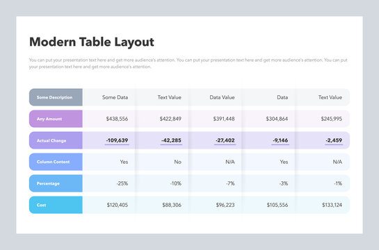 Modern table layout template with highlighted row. Flat design, easy to use for your website or presentation.