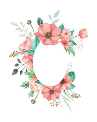 Watercolor flowers illlustration for wedding invitation with coral anemones, buds and green leaves. Flower frame with white background, decorative design element.