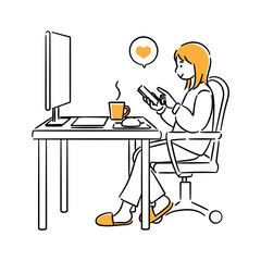 自宅でデスクワークの合間にスマホを操作する女性の全身イラスト