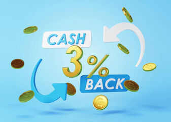 Cash back service. Concept of money back and digital payment. 3D rendering.