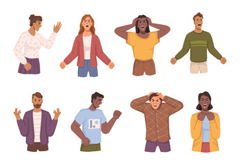 People expressing anger emotion, isolated man and woman personage shouting and screaming. Vector flat cartoon characters of different nationalities. Hatred and annoyance stress and exhaustion - obrazy, fototapety, plakaty