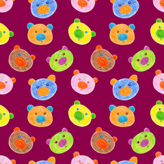 Seamless pattern of multicolored faces of Bears drawn with wax crayons on a Purple background. For fabric, sketchbook, wallpaper, wrapping paper.