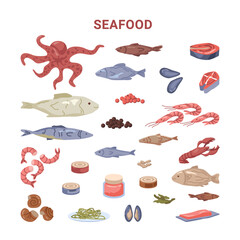 Set of seafood products, fish and prawns, canned tuna and caviar. Vector in flat style, lobsters and shrimps, salmon and mackerel, oysters and seaweed, mussels and fillet slice on plate