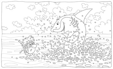 Dangerous adventure of a funny intrepid diver with a mask and a snorkel swimming in a tropical sea near a curious great white shark, black and white outline vector cartoon for a coloring book page