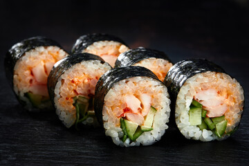Sushi rolls, traditional Japanese food rice, nori and seafood, menu concept. food background. copy space. Roll kani saki maki