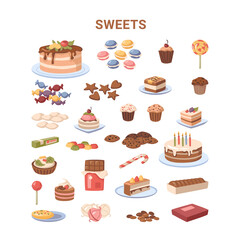 Dessert and sweets bakery food set, isolated confectionery products. Vector in flat style, Birthday cake with glazing, muffins and cupcakes, cookies and candy, lollipops, colorful macaroons, biscuits
