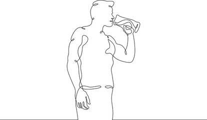 A young man drinks water from a glass. Satisfy your thirst after exercise.One continuous line drawing. Line Art isolated white background.