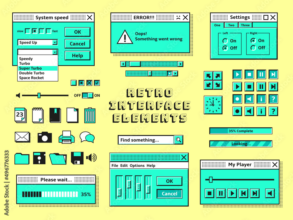 Fototapete old pc elements. 1990s technology, computer graphics interface console. vintage internet bar style, 
