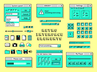 Old pc elements. 1990s technology, computer graphics interface console. Vintage internet bar style, retro 80s trendy geek web window tidy vector design