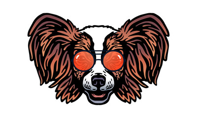 Papillon dog logo pet portrait with sunglasses
