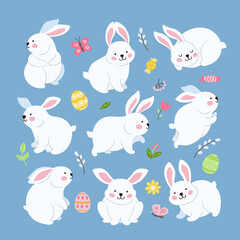 Rabbits characters. Smart bunny and easter eggs, spring rabbit set. Cartoon scandinavian animal diverse pose. White festive hare neoteric vector decor