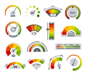 Credit indicators. Time and speed scores, speedometer indicator. Colorful scales, financial and credits measuring. Car gauge and power scale exact vector set