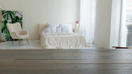 Fototapeta na wymiar Empty wood table overlooking a white bedroom, chair, bed and windows, relaxing bright mock up