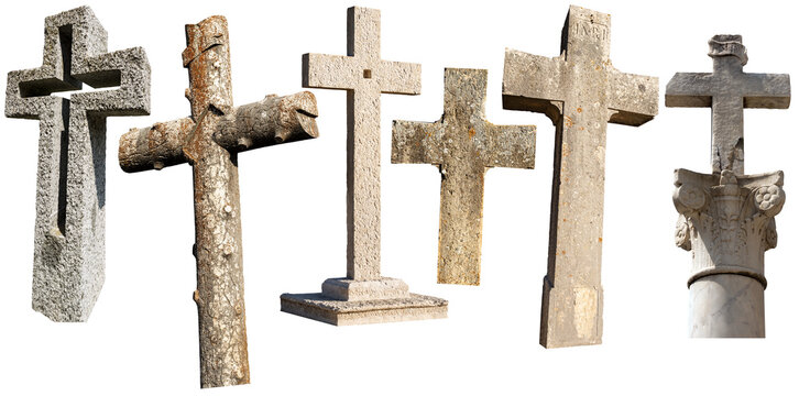 Collection of stone Religious Crosses isolated on white background, Italy, Europe.