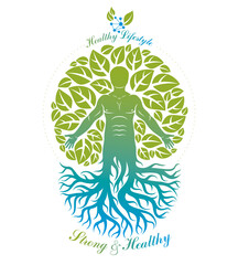 Vector illustration of individual, mystic character composed with tree roots and leaves. Vegetarian lifestyle concept. - obrazy, fototapety, plakaty