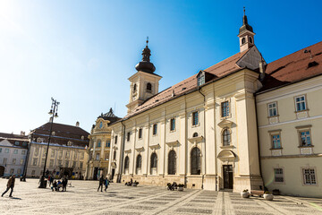 Large Square (Piata Mare) with the City Hall and Brukenthal palace in Transylvania, Romania