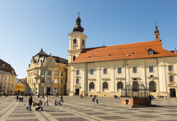 Large Square (Piata Mare) with the City Hall and Brukenthal palace in Transylvania, Romania