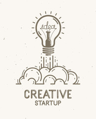 Idea light bulb launching like a rocket vector linear logo or icon, creative idea startup, science invention or research lightbulb, new business start.