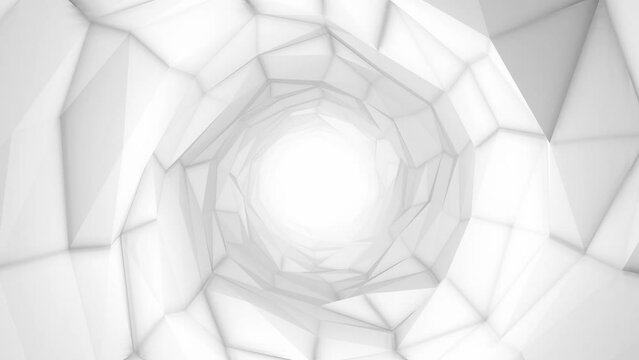 Polygonal White mesh moving and warping low poly tunnel. 3d Triangles polygons moving in virtual space.