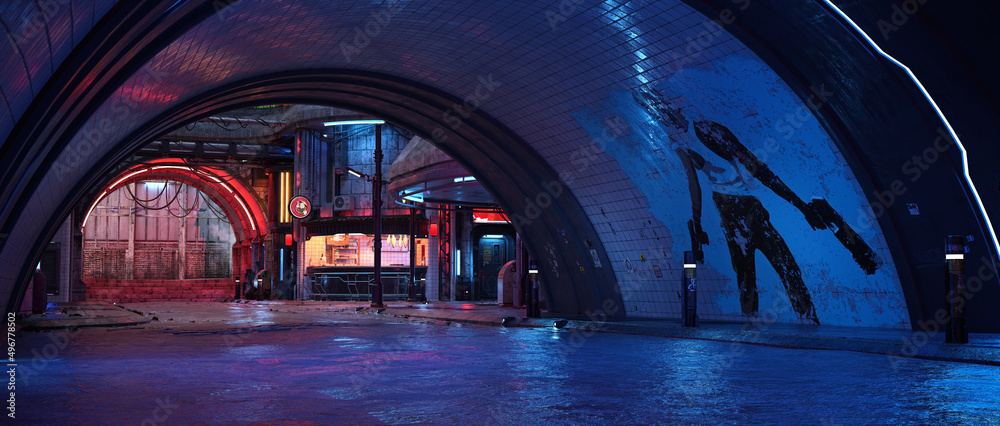 Poster dark moody cinematic view of seedy cyberpunk downtown city street from under a tunnel. 3d rendering.