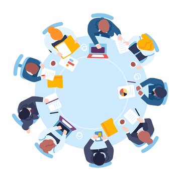 Business people sit at round table top view. Expert meeting. Conference room. Professional opinions. Businessmen exchange ideas. Employees teamwork. Group brainstorming. Vector concept