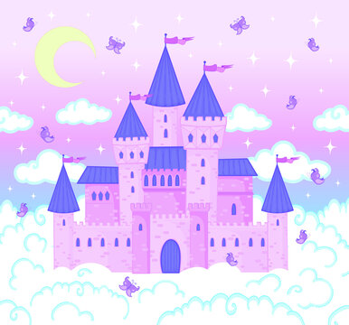Magic castle. Cartoon castle in pink clouds. Magic land, fairy tale cloud and fabulous sky. Fairy castle for little princess. Fantastic tower, majestic kingdom building landscape vector illustration
