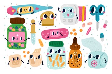 Cartoon pills bottles. Cute kids medicine characters with funny faces. Medical pipette and thermometer. Tablets jars. Band aid and bandage. Comic drugs. Vector pharmaceutical mascots set