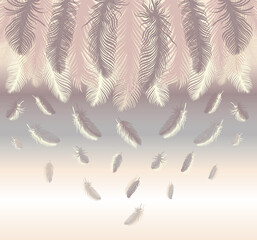 Pastel-colored seamless feather pattern. Seamless background with feathers of bird. Repeating texture. Boho style
