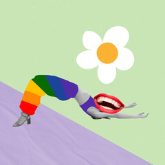 Contemporary art collage. Flexible woman in colorful cloth with female mouth head isolated over green purple background