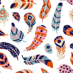 Fototapeta na wymiar Feather seamless pattern. Boho style objects. Tribal multicolored items. Bird plumage. Eagle and peacock quills. Colorful print with ethnic ornaments birdy elements. Vector background