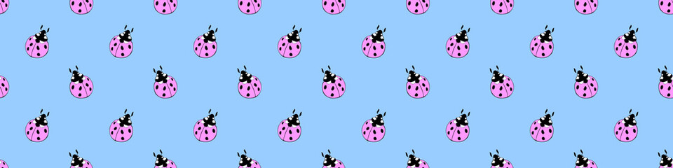 Vector seamless pattern of cute pink ladybugs in flat style. Background and texture on theme of nature, spring, summer, children print, isolated