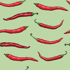 Pattern of hand-drawn red hot chili peppers on a green backdrop. Vector seamless background.