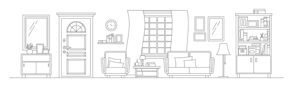Cozy hall way living room with furniture line art interior scene isolated on white background. Home room with black silhouete of cupboard, window, door, curtain in linear style. Vector illustration.