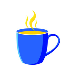 Blue cute mug of hot tea or coffee isolated on white background in flat design style. Vector.
