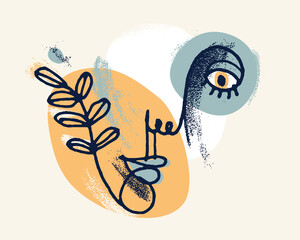 Abstract woman face vector artwork, modern trendy lady portrait art, hand drawn surreal beauty, minimal artistic design, painted sur human head.