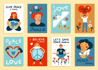 Peace cards. Cartoon people with love and hippie symbols. Peaceful men or women in balance. Flying bird, flowers and hearts. International pacifism holiday posters. Vector postcards set
