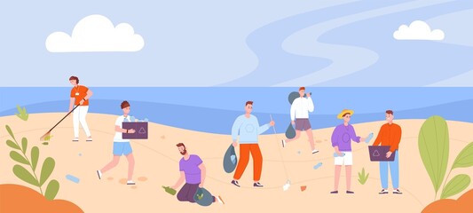 People clean beach. Volunteer young team cleaning oceans garbage, help recycling environment, collect plastic sea trash, ecology concept save nature, splendid vector illustration